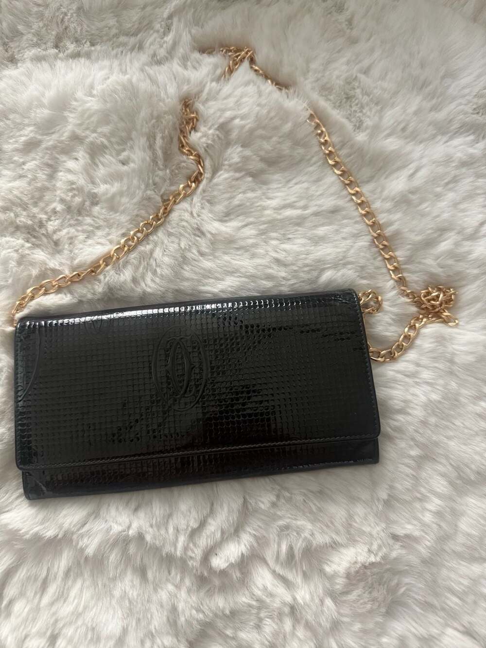 Authentic Cartier Happy Birthday Patent Leather Long Wallet with Chain